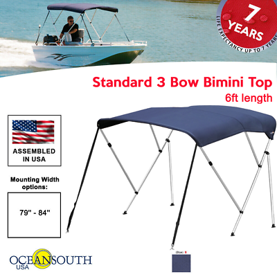 #ad Oceansouth BIMINI TOP 3 Bow Boat Cover Blue 79quot; 84quot; Wide 6ft Long W Rear Poles $122.85