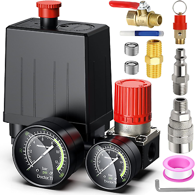 #ad Air Compressor Pressure Regulator with Dial Gauge Switch Controlled 4 Way Valve $42.58