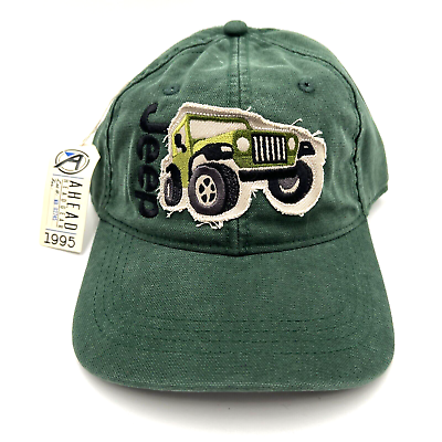 #ad NEW Jeep Ahead Headgear 1995 Mid Fit Green Canvas Cap Hat Strapback Adjustable $30.74
