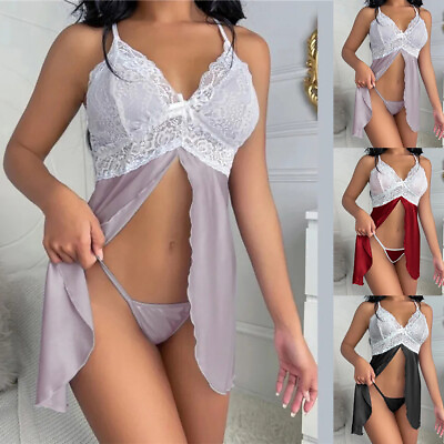 #ad Women Sexy Lace Nightdress G String Thong Babydoll Lingerie Set Sleepwear Robe $15.39
