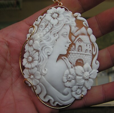 #ad Victorian Carved Shell Cameo Silver Pendant Original Made in Italy woman landsca $259.99