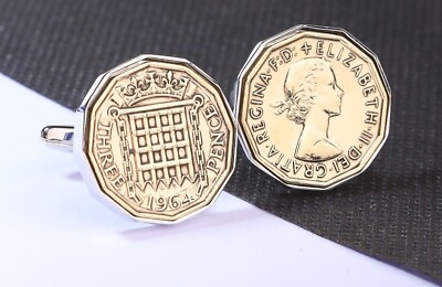 #ad 1964 60th Birthday Gift Brass Threepence 3d Coin Cufflinks Heads amp; Tails GBP 19.99
