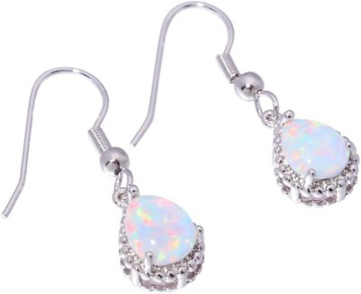 #ad Teardrop Earrings Created White Fire Opal Jewelry Gemstone Dangle Earrings for W $7.95
