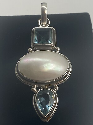 #ad Silvertone Blue Glass mother Of Pearl Shell pendant￼2.5 Inch Length 15.40g $14.99