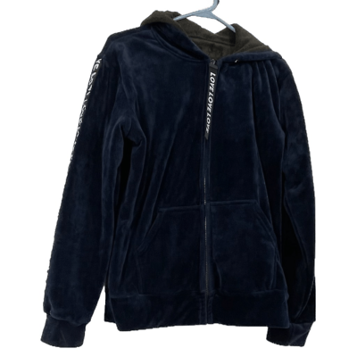 #ad Navy Blue velvet full zip front LOVE” down sleeves and zipper pull $17.00