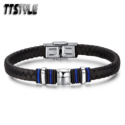 #ad TTstyle Black Genuine Leather 316L Stainless Steel Blue Wristband NEW AU $19.99
