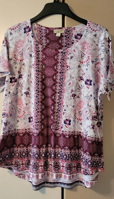 #ad One World Top Red Pink Damask Scoop Neck Boho Casual Shirt Womens Size 2X Sparkl $15.00
