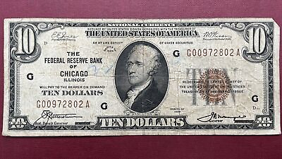 #ad 1929 Ten Dollar National Currency Note $10 Bill Chicago Illinois #58123 $69.99