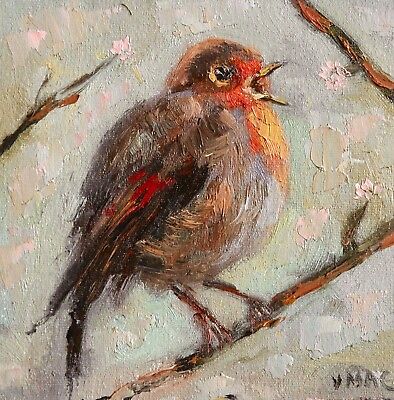 #ad Original Oil Painting Bird Robin Signed Impressionist landscape wildlife art $46.00
