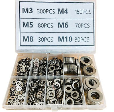 #ad 660 Pieces of 304 Stainless Steel Washers Flat Washer Assortment Set Kit 6 Sizes $13.85